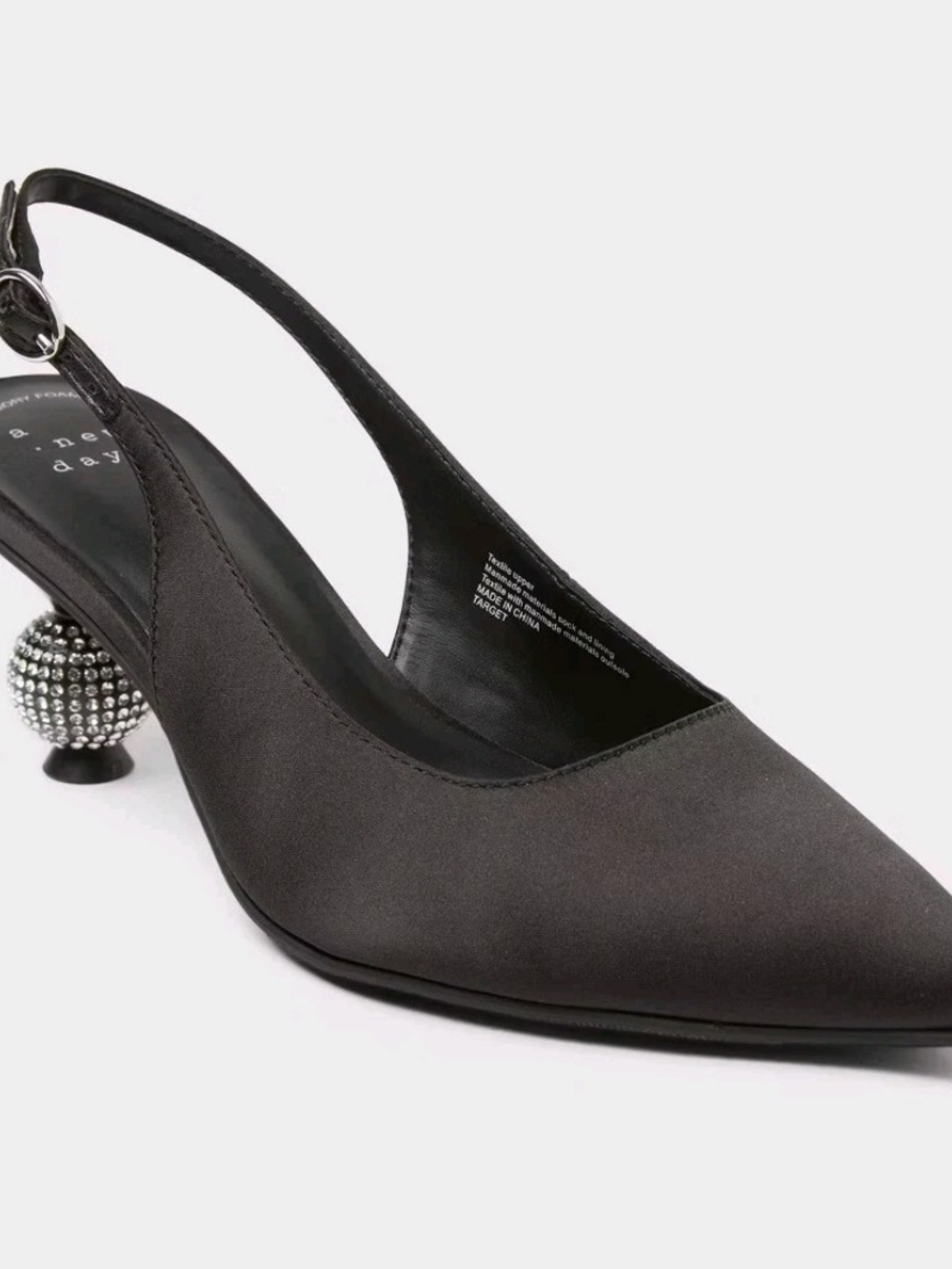 A New Day Satin Simone Pointed Toe Slingback Pump in Charcoal Memory Foam Insole